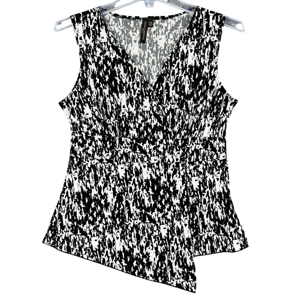 Susan Lawrence Petite PM Black White Abstract Faux Wrap Asymmetrical Top Chic